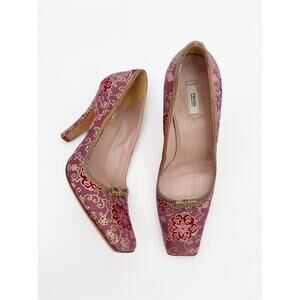 Vintage Prada Plum Gold Brocade Snakeskin Trim Square Toe Heels Pumps IT 39